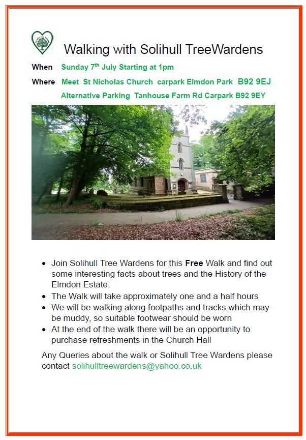 Join the # @SolihullTreeWardens on Sunday 7th July for a walk around #Elmdon Park and find out some great facts about the beautiful trees we have in the park as well as some interesting insight into the history of the park.