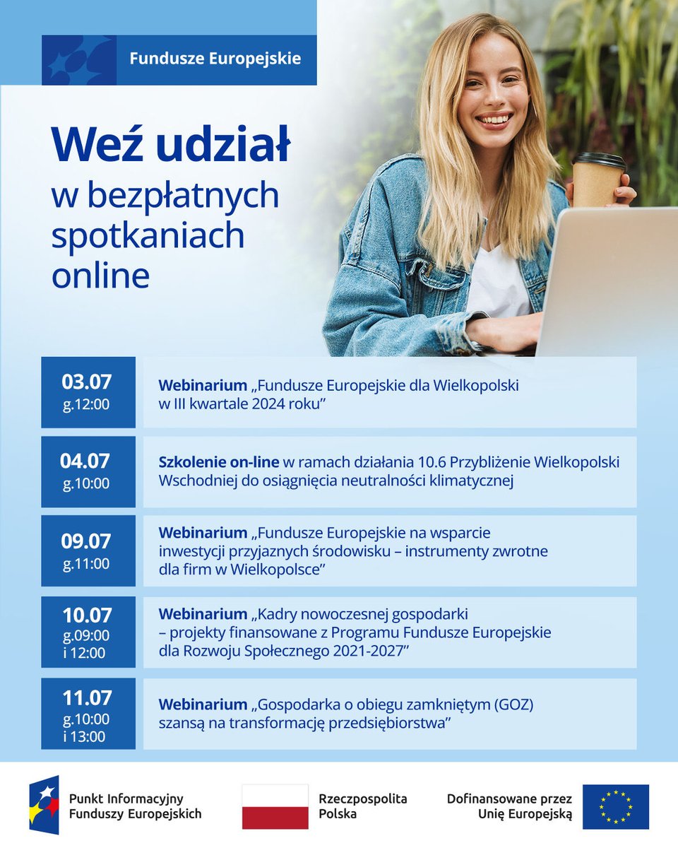 funduszeuewlkp's tweet photo. Zapraszamy na lipcowe szkolenia i webinaria dla beneficjentów Funduszy Europejskich! 📅 Sprawdź harmonogram i zdobądź cenną wiedzę 🇪🇺 👉 https://t.co/Id1niPtXlj #FEW #FunduszeUE #Szkolenia #Webinaria @RegioPoland https://t.co/CMc6yvN7hS