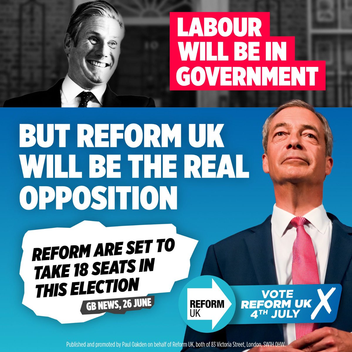 Vote for a voice in Parliament that will give a real opposition to Labour. 

Vote Reform UK on Thursday