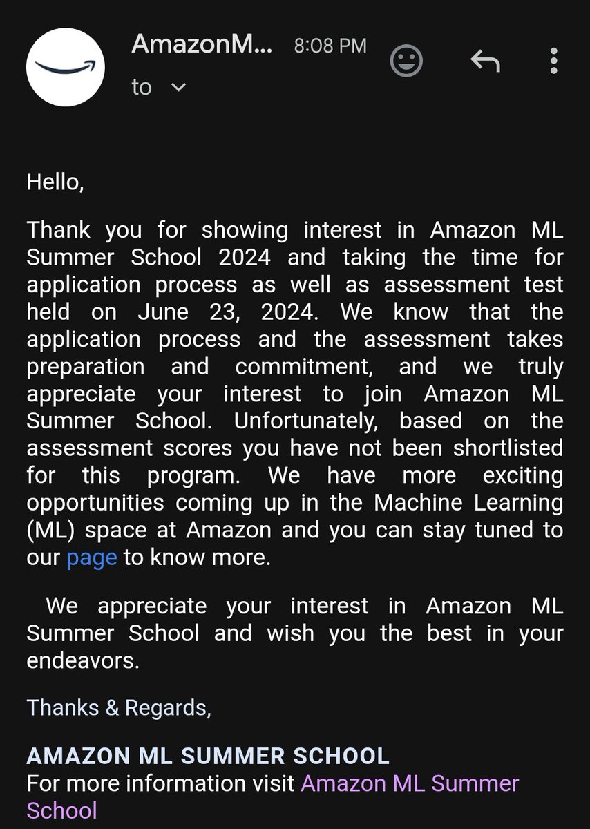 Aditya_kumar127's tweet image. I think rejection 🥹🥹 is part of life ✨
Thanks @amazon for organizing these opportunities for students like me ✨✨
#Amazon #MACHINEARNING #intern #Job #MachineLearning #Google #ArtificialIntelligence #technology