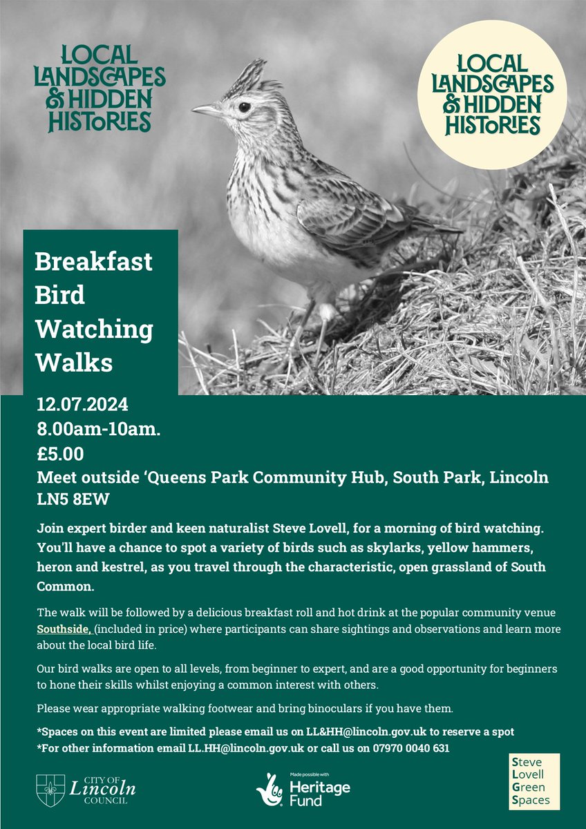 One week left to reserve your space for our Breakfast Bird Watching Walk, taking place on 12 July!

Spaces for this event are extremely limited, booking is required.  Follow the link below to book online, or email us at: LL.HH@lincoln.gov.uk

contact.lincoln.gov.uk/service/Commun…