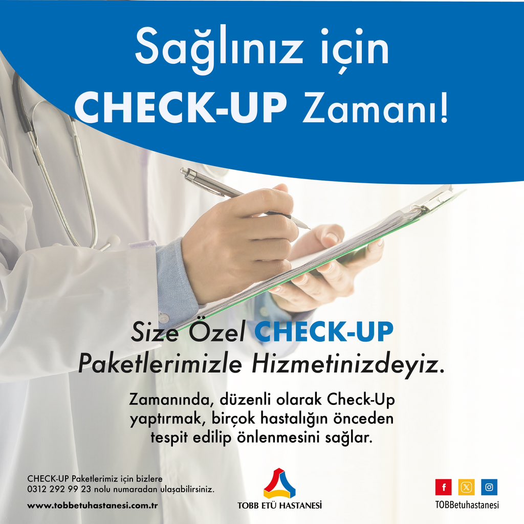 Size özel CHECK-UP paketlerimizle hizmetinizdeyiz. 
Check-Up paketlerimiz için bizlere ☎️ 0 (312) 292 99 23 nolu numaradan ulaşabilirsiniz.  

#tobbetühastanesi #checkup #sağlık