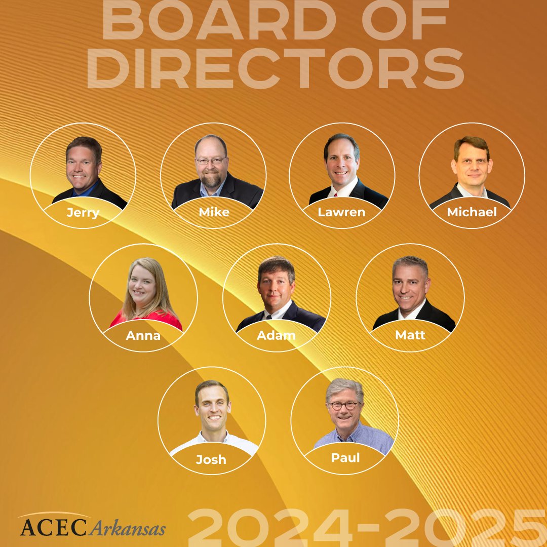 We are excited to announce the 2024-2025 ACEC Arkansas Board of Directors.

President, Jerry Kelso, PE, <a href="/craftontull/">Crafton Tull</a>  
President-Elect, Mike Foster, PE, <a href="/PickeringFirm/">Pickering Firm, Inc.</a>
Secretary, Lawren Wilcox, PE, @garverusa  
Treasurer, Michael H. Stengel, PE, <a href="/MBakerIntl/">Michael Baker International</a>

#arkansasengineers