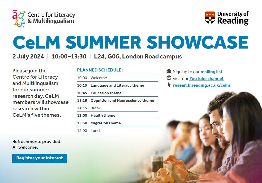 UniRdg_CeLM (@unirdg_celm) on Twitter photo Today is our summer #showcase - looking forward to hearing from colleagues across our five themes about the fantastic research they are doing <a href="/Christos_lab/">Bilingual Brain Lab</a> <a href="/ludoserratrice/">Ludovica Serratrice</a> @Anna_Tsakalaki <a href="/kari_sahan/">Kari Sahan</a> <a href="/SuzanneJaneGrah/">Suzanne Graham</a> <a href="/DaisyAPowell/">Daisy Powell</a> <a href="/EmmaPagnamenta/">Emma Pagnamenta</a> <a href="/vishinair5/">Vishnu Nair</a> Today is our summer #showcase - looking forward to hearing from colleagues across our five themes about the fantastic research they are doing <a href="/Christos_lab/">Bilingual Brain Lab</a> <a href="/ludoserratrice/">Ludovica Serratrice</a> @Anna_Tsakalaki <a href="/kari_sahan/">Kari Sahan</a> <a href="/SuzanneJaneGrah/">Suzanne Graham</a> <a href="/DaisyAPowell/">Daisy Powell</a> <a href="/EmmaPagnamenta/">Emma Pagnamenta</a> <a href="/vishinair5/">Vishnu Nair</a>