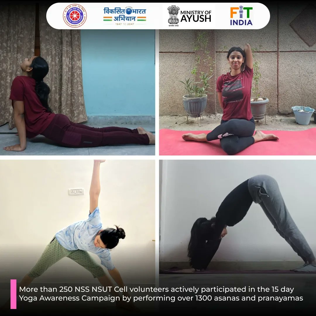 nssnsutcell's tweet photo. NSS NSUT Cell is pleased to report that over 250+ volunteers worked diligently for 15 days to effectively disseminate awareness of Yoga Day. To lay the groundwork for a healthier lifestyle, we completed more than 1,300+ asanas and pranayamas.
#NSS #NSUT #Yoga4Life https://t.co/Wff2EbPaNt