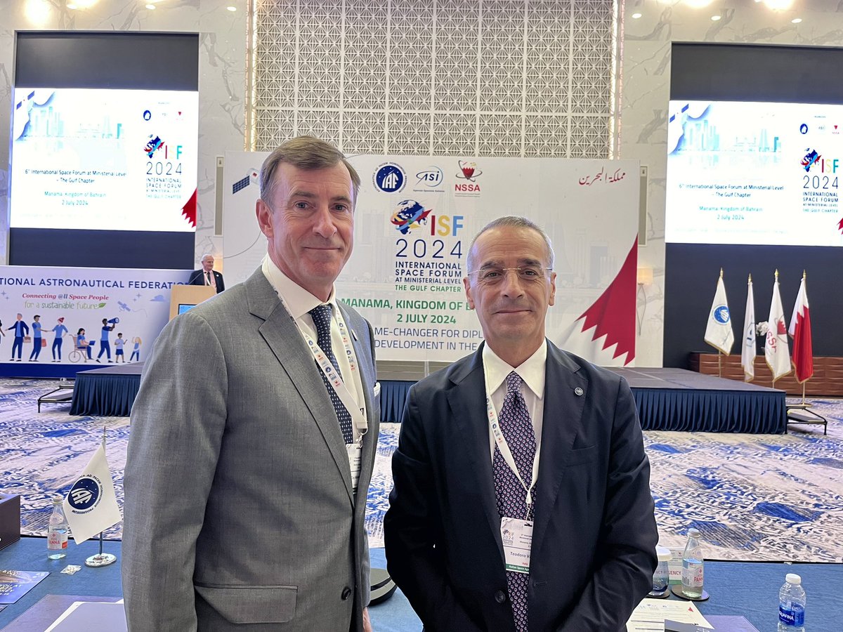 Thanks to <a href="/ASI_spazio/">Agenzia Spaziale ITA</a> President Prof. Teodoro Valente for partnering with the <a href="/iafastro/">IAF</a> and NSSA to support the International Space Forum in Bahrain 🇧🇭 today. We are excited to host the <a href="/IAC2024/">IAC 2024</a> with AIDAA in Milan, Italy 14-18 October.