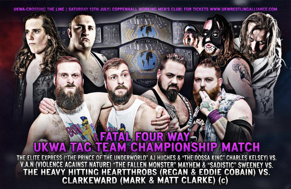 UKWA_Wrestling's tweet photo. 🚨MATCH ANNOUNCEMENT🚨 
UKWA TAG TEAM CHAMPIONSHIP MATCH
The Elite Express Vs V.A.N Vs The Heavy Hitting Heartthrobs Vs Clarkeward (c)

Coppenhall W.M.C - 13th July
Doors Open 6pm, Show Starts 6:30pm

Tickets at 
🎟 https://t.co/DuEsurIDxq 🎟
or the venue

Card Subject to Change https://t.co/rMowhon8Zo