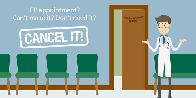 Last week 23 patients did not attend their GP appointment and 27 patients did not attend their nurse appointment.  Please let us know if you need to cancel. Thank you.