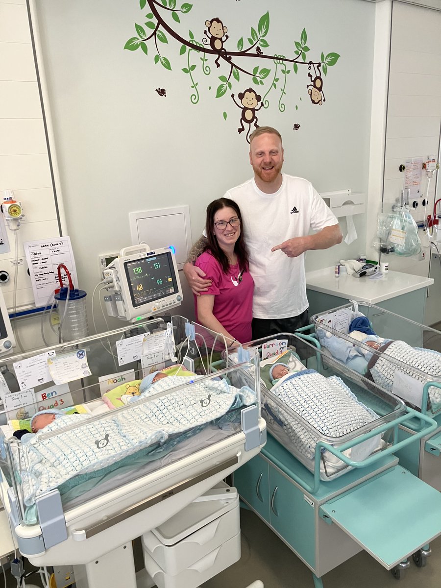 NHS_Lothian's tweet photo. Arlene and John Mitchell from West Lothian have welcomed the first naturally conceived quadruplets to Lothian — Ben, Noah, Harrison, and Rory! 👶 A dedicated team of 17 doctors and midwives delivered the quadruplets and we are immensely proud of our teams💙 https://t.co/75byRbMl8Y