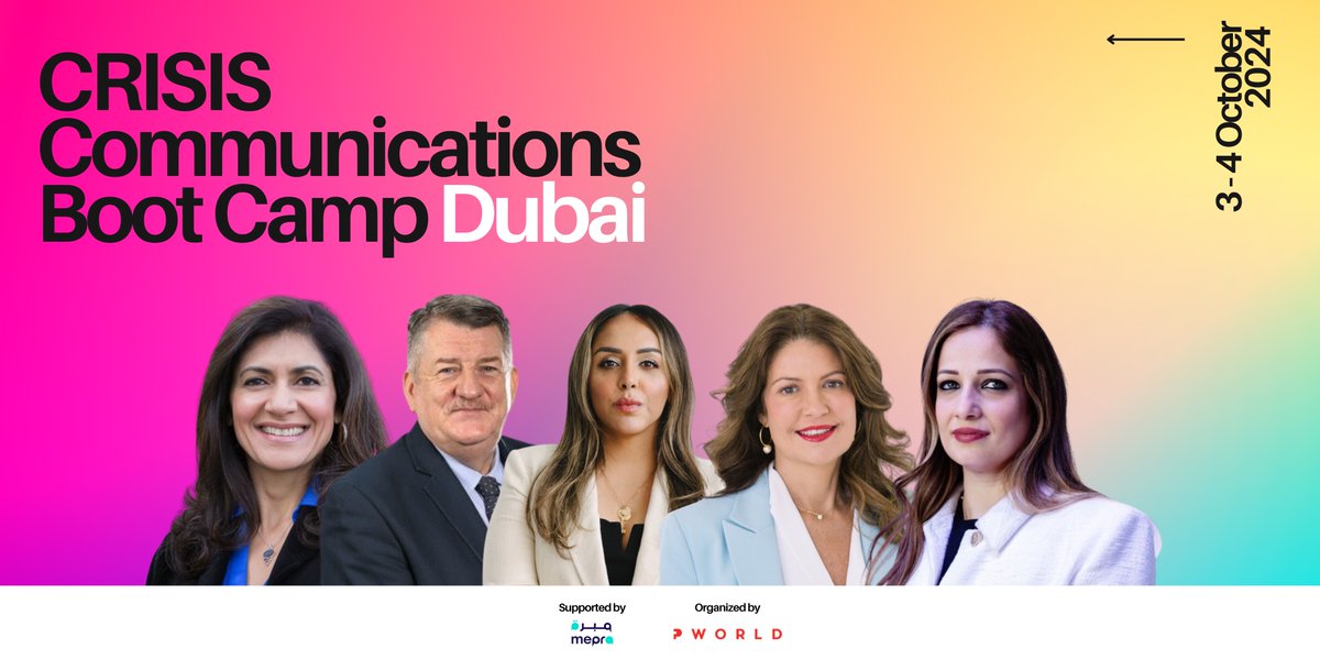 P World's #CrisisCommunications Boot Camp is finally coming to Dubai! Featuring presentations by crisis experts from Stanford University, IBM, Microsoft, Dabo Consultancy, and Aramco and more!

Details in the link 🔗bit.ly/3XCSIqw

#CrisisManagement #MiddleEastPR #MEPRA