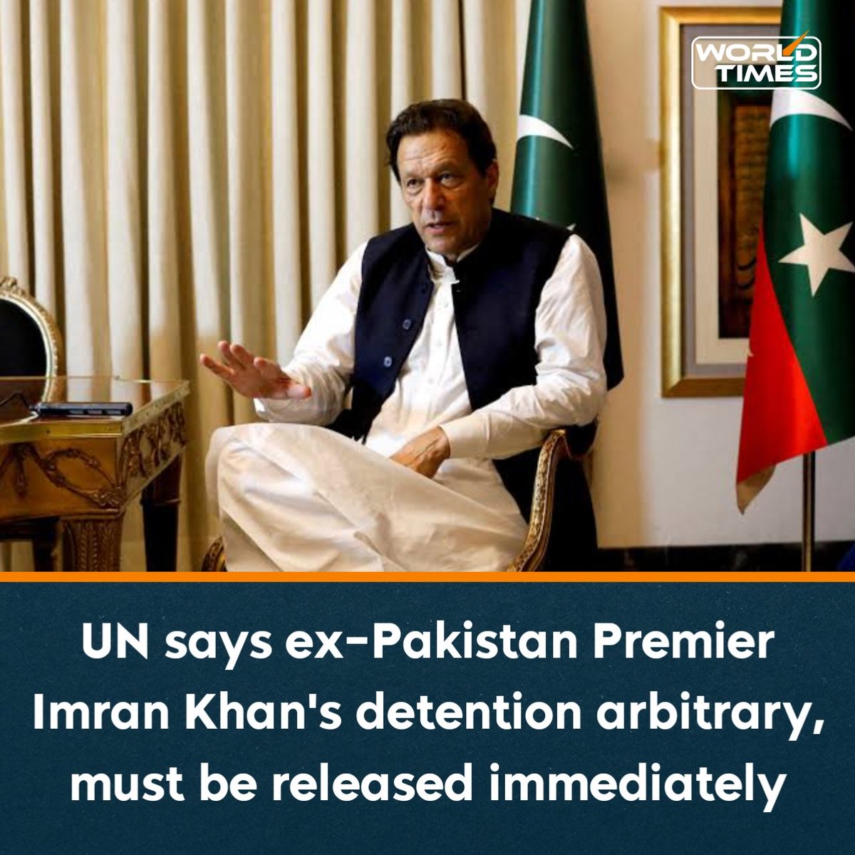 WorldTimesWT's tweet photo. Former Pakistani Prime Minister Imran Khan's detention is arbitrary and in violation of international law, a U.N. human rights working group said in an opinion issued on Monday, adding the jailed politician should be released immediately. https://t.co/lw4F8Bl9A7