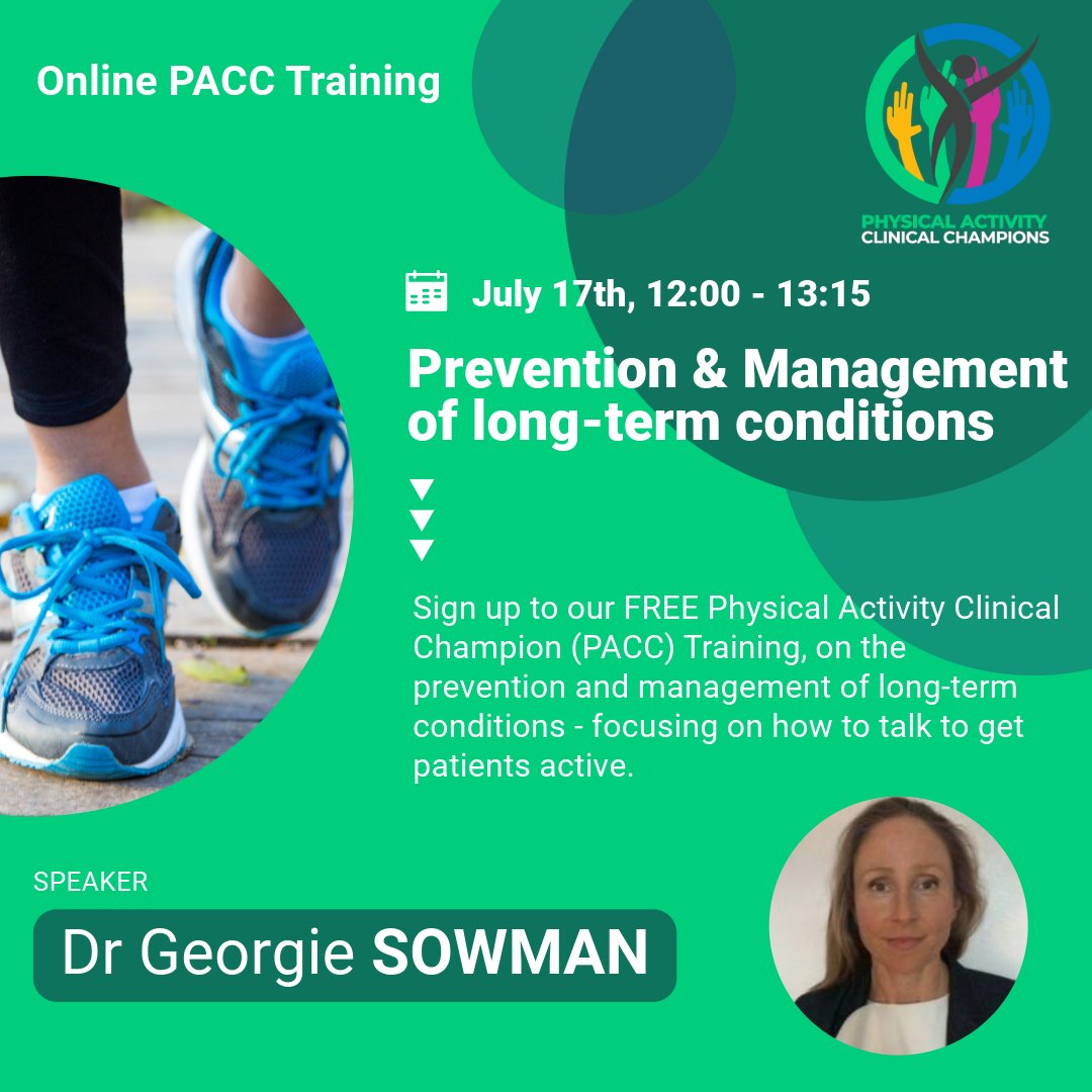 Join us for free online Physical Activity Clinical Champions (PACC) training session, supporting professionals working in healthcare to improve patient care and outcomes. 

🗓️Wed 17th July | 12:00 - 13:15

Sign up here: forms.office.com/e/WVQCbdgvL0