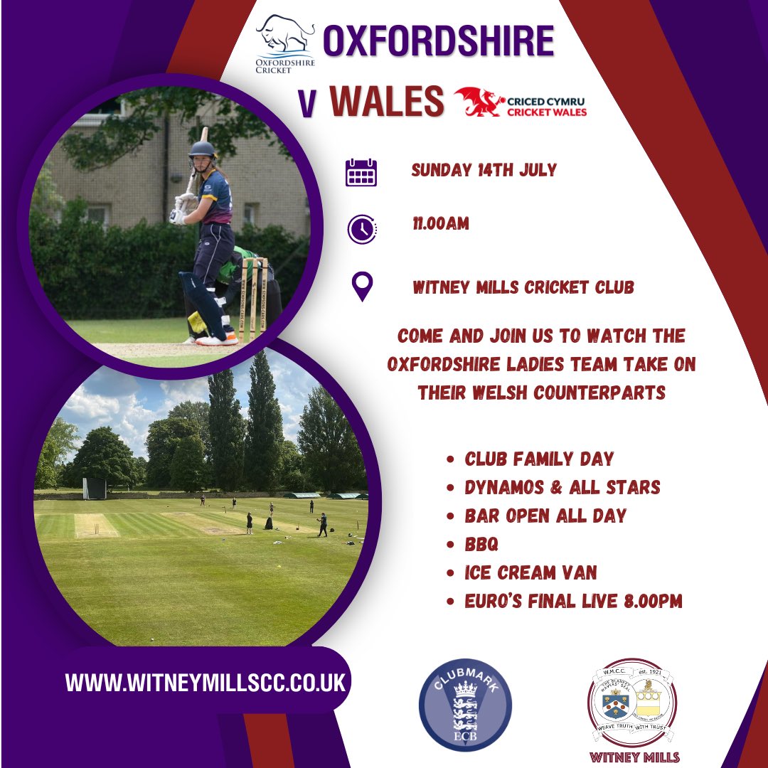 Witney Mills C.C (@witneymillscc) on Twitter photo Come and join us for our annual club family day! This year the main action isn’t a Mills game. We are very proud to be hosting <a href="/Oxoncb/">Oxfordshire Cricket</a> v Wales Ladies. The match starts at 11.00am. Theres a BBQ and ice cream van, bar will be open all day and the Euros Final in the evening. Come and join us for our annual club family day! This year the main action isn’t a Mills game. We are very proud to be hosting <a href="/Oxoncb/">Oxfordshire Cricket</a> v Wales Ladies. The match starts at 11.00am. Theres a BBQ and ice cream van, bar will be open all day and the Euros Final in the evening.