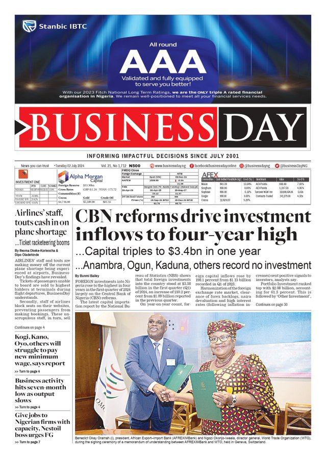 standard_ngr's tweet photo. 9. Business Day
- Labor chair holders
- CBN Reforms Drive Investment Inflows To Four-Year High
Tags: #TAPSWAP I #tapswapcoin I #afternoonbriefing I #artfight2024 I #USDT I #usdtDefi I #USDJPY I #USSeniorOpen I #UsdtAirdrop I #Naira I #KenyaProtests I Banks I Ireti Kingibe https://t.co/31mKVPnwfx