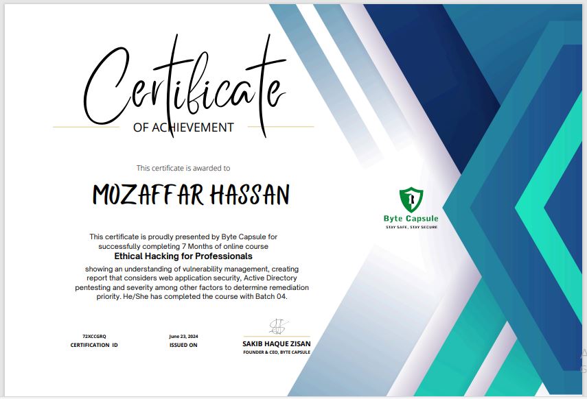 MozaffarHassan2's tweet image. Happy To Share! 🤗 

I am thrilled to announce that I have successfully completed the 7-month "Ethical Hacking for Professionals" course at @ByteCapsule Ltd. with an 'A' grade.

#Bytecapsule #Cybersecurity #EthicalHacking #PenetrationTesting #letsConnet #InfoSec #Pentesting