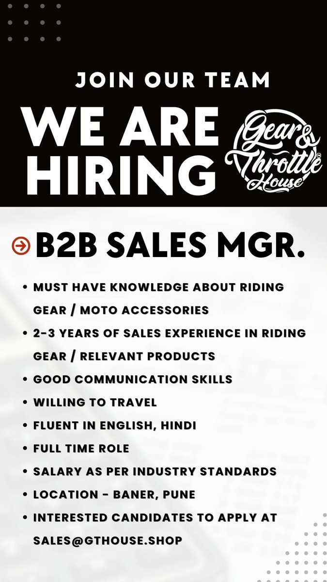 GThouse_'s tweet photo. We are #HiringNow. Multiple positions at one of the leading riding gear stores. #Pune https://t.co/yyUWKGCoBH