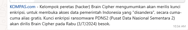 raflihasyimi's tweet photo. Alhamdulillah, Hacker nya baik.. entah kasihan atau bagaimana jadi gratis. 

src: Hacker Brain Cipher Akan Rilis "Kunci" Enkripsi Pusat Data Nasional, Gratis (https://t.co/igY1b1idw7) https://t.co/WJnMJJvjWv