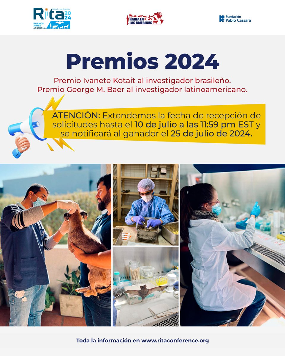 RabiesIn's tweet photo. RITA extiende el plazo para presentarse a premios hasta el 10 de Julio. https://t.co/J9OPuhUJaL 
We extends the deadline to apply to the awards until July 10 th.  https://t.co/3ZilgF9qcn
RITA estende a data limite para se candidatar ao 10 de Julho.https://https://t.co/J9OPuhUJaL https://t.co/WeK5IVcV6B