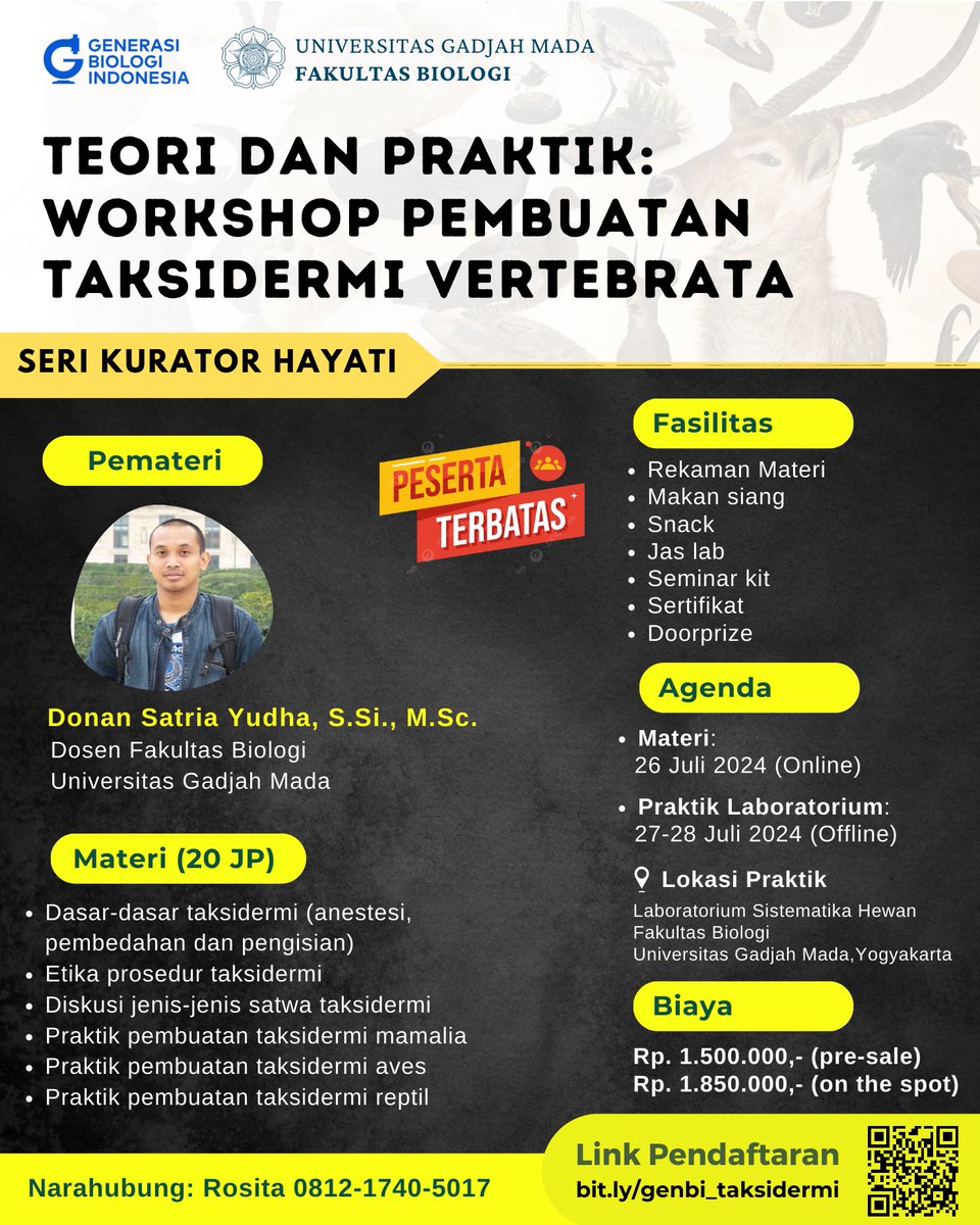 GenerasiBiologi's tweet photo. TEORI DAN PRAKTIK: WORKSHOP PEMBUATAN TAKSIDERMI

Taksidermi adalah salah satu cabang ilmu biologi yang mempelajari tentang bagaimana menyediakan spesimen awetan, khususnya dari kelompok hewan vertebrata, sehingga bisa menjadi bahan pembelajaran dalam jangka waktu yang panjang. https://t.co/5GMOmn1Mbd