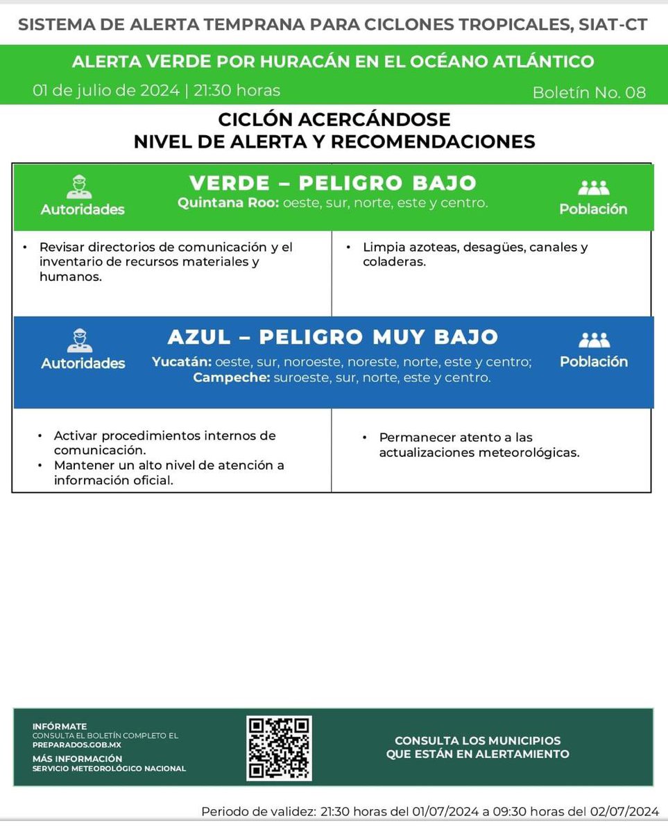 MaraLezama's tweet photo. 🟢⚠️ ¡IMPORTANTE en  #QuintanaRoo entramos en #AlertaVerde ante el acercamiento del huracán Beryl! #PeligroBajo. 

Protejan vidrios con cinta adhesiva en forma de cruz, fijen objetos que puedan ser lanzados por el viento🪟, poden árboles que obstruyan cables de energía 🌳 y limpien desagües, azoteas y coladeras 🧹 para prevenir bloqueos 🍃.

Les invitamos a mantenerse informados a través de medios oficiales y a seguir puntualmente las recomendaciones de la @CNPC_MX, @conagua_clima y la @ProtCivil_QRoo ¡Todos los equipos de emergencia activos! 🚨👇🏾