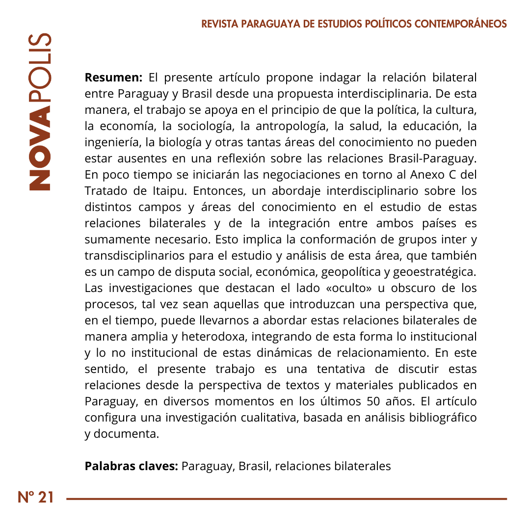 Novapolispy's tweet image. ¿Cómo es la relación bilateral entre Py🇵🇾 & Br🇧🇷 desde una perspectiva interdisciplinaria?
Este artículo propone un análisis que integra política, cultura, economía, sociología, antropología, salud, educación, ingeniería y biología, entre otras áreas.
🔜 bit.ly/3XI1H9S