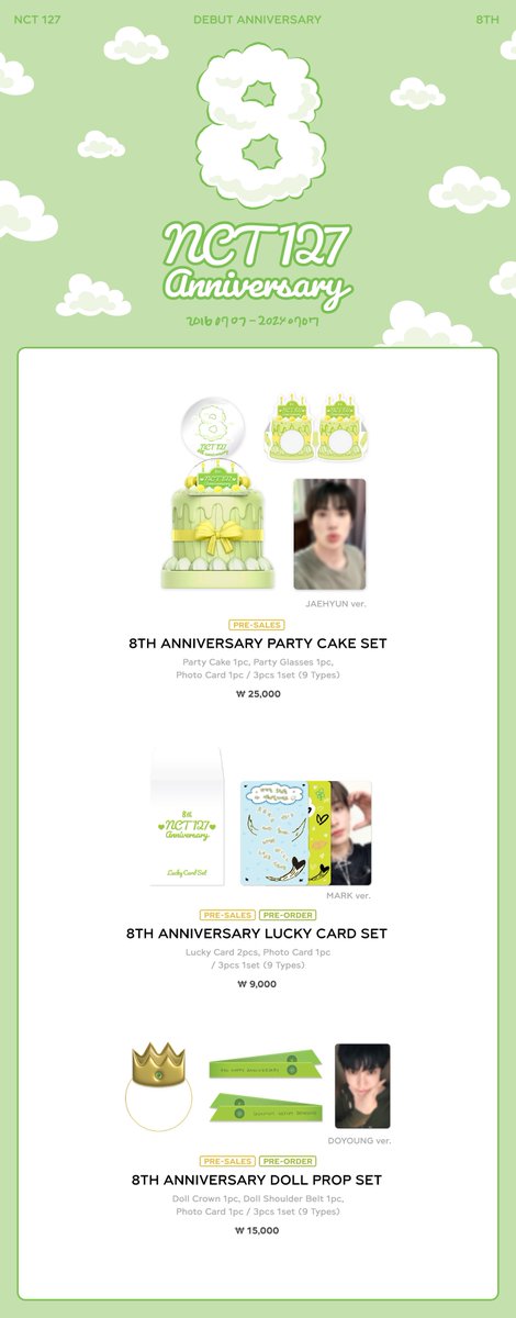 NCTsmtown_127's tweet photo. NCT 127 Debut 8th Anniversary
OFFICIAL MD SALES NOTICE

▶ Sales Day
PRE-SALES : 2024. 07. 02 (TUE) 15:00 [KST] ~ 소진 시까지
PRE-ORDER : 2024. 07. 02 (TUE) 15:00 ~ 2024. 07. 08 (MON) 23:59 [KST] 

▶ Online Store 
SMTOWN &STORE : https://t.co/mcNpCSxXja
SM True Store : https://t.co/jQVpUHW0Dx
SMTOWN GLOBAL SHOP : https://t.co/BmTVq2FI3v
YES24 : https://t.co/zVihFXAj80 
YIZHIYU : https://t.co/Pu0GcXryo4
WITHMUU : https://t.co/RliiPvlQ2w
KaKao Talk Gift : https://t.co/pBek12mIrL
