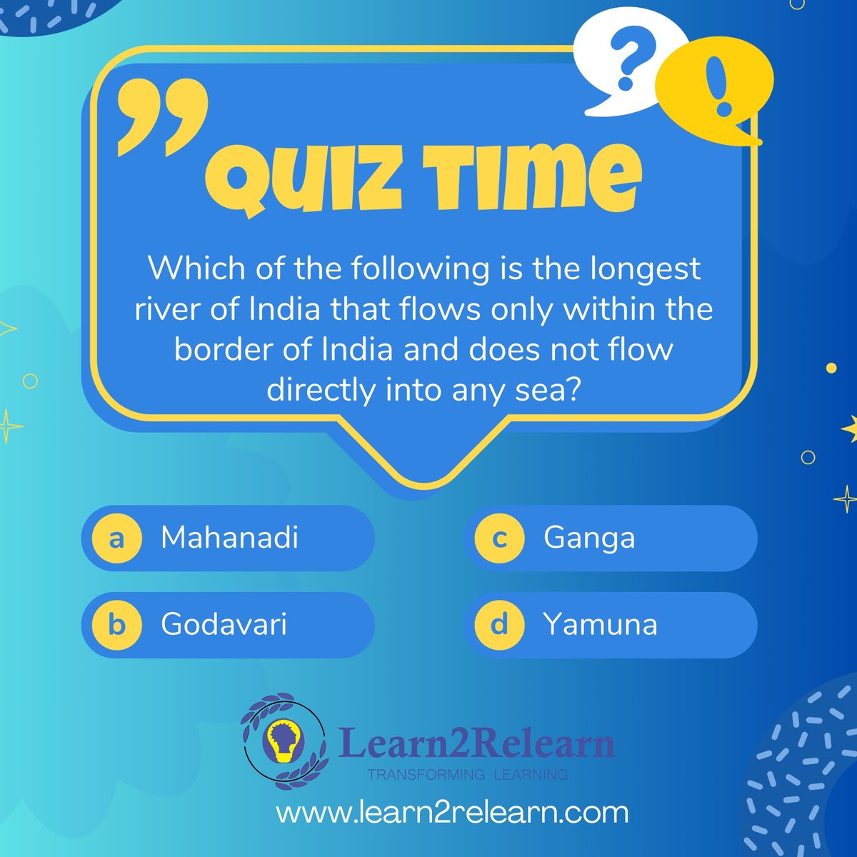Learn2relearn96's tweet photo. Time to test your
Geographical knowledge! Drop your answers in the comments.
#TriviaTuesday #Trivia #Learn2Relearn #Learning #Curiosity
#EnhanceYourPotential #RiversOfIndia #instadaily #wisdomoftoday
#instagram #instagood #quiz https://t.co/gCeOc2h1Zf