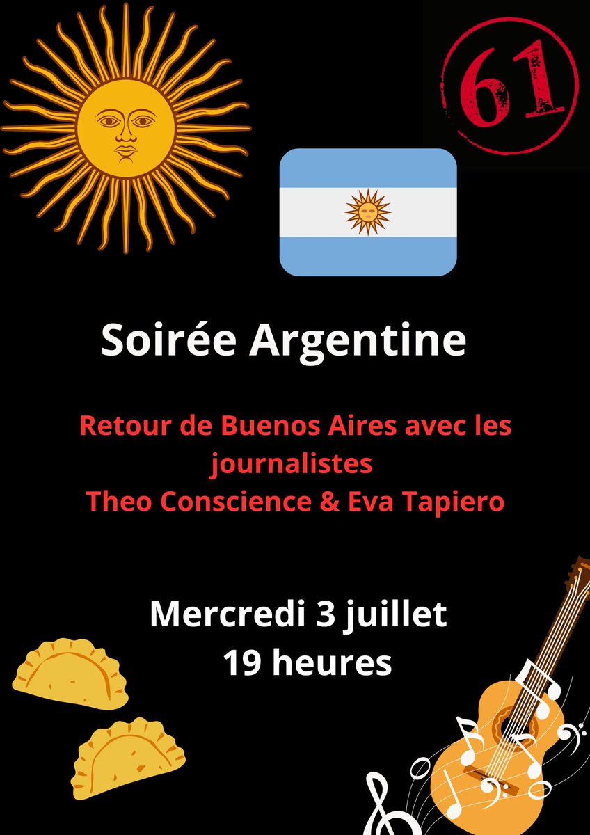 Ce mercredi 3 juillet, soirée Argentine au <a href="/Bar61Paris/">61 Paris</a> ! 🇦🇷

Discussion avec les journalistes <a href="/TheoConscience/">Théo Conscience</a> &amp; <a href="/Evatapiero/">Eva Tapiero</a> , de retour de Buenos Aires 

Projection des photos d' <a href="/OjosdeAnita/">Anita Pouchard Serra</a> 

A la guitare Gonzalo Barberena et au menu: empanadas &amp; plancha ! 

📍3, rue de l'Oise