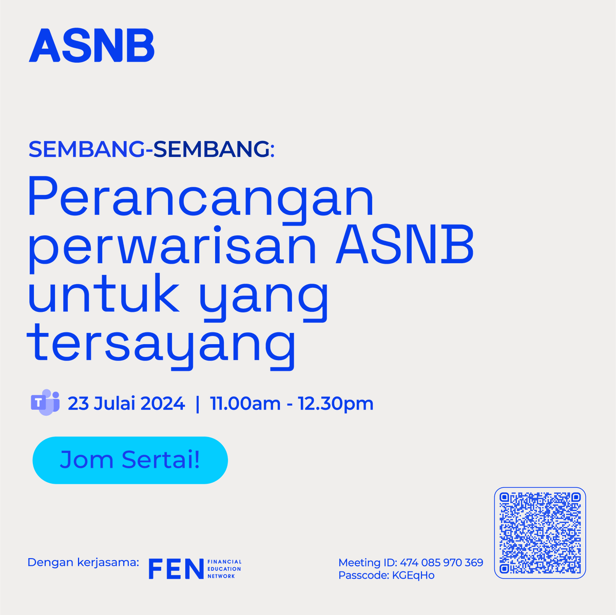 ASNBmy_official's tweet photo. Sertai Webinar Sembang-sembang ASNB sepanjang bulan ini secara langsung menerusi platform Microsoft Teams.
Pelbagai info yang akan dikongsikan antaranya topik berkenaan Wakaf ASNB, fahami pelaburan ASB dan perancangan pewarisan.
Link Teams: https://t.co/8ZfcERrZvP
#WebinarASNB https://t.co/PUVj9d6TsM