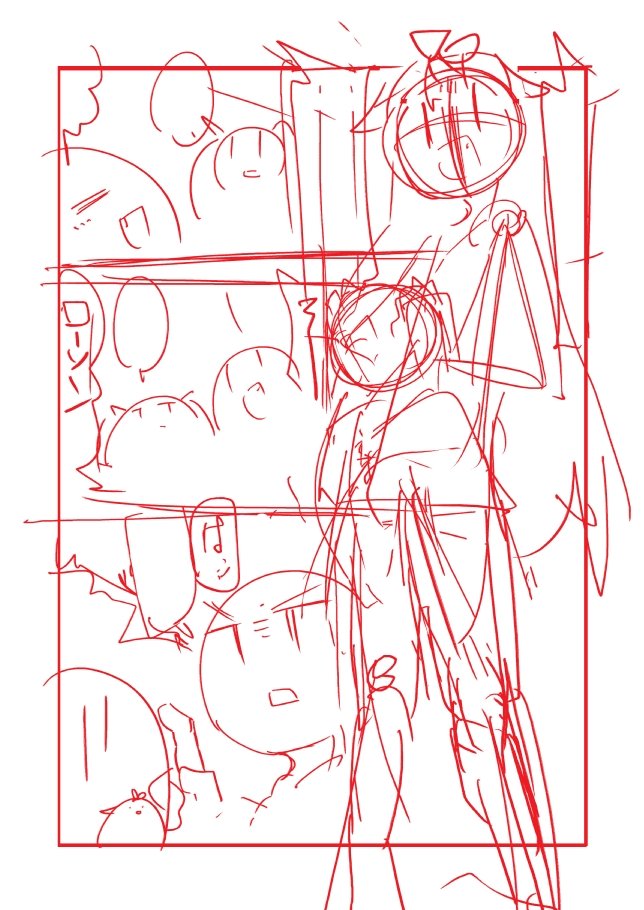 寝る前にぽい漫画思いついたのでざっくりラフ、これ描いたら寝る時間無くなるので清書は明日な 