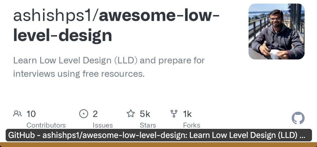 ashishps_1's tweet image. My LLD GitHub repository now contains Python solutions to all interview problems.
Check it out: github.com/ashishps1/awes…
Currently it contains resources to study:
- Basic OOP concepts
- SOLID and other Design Principles
- Design Patterns
- UML diagrams
- 33 LLD interview…