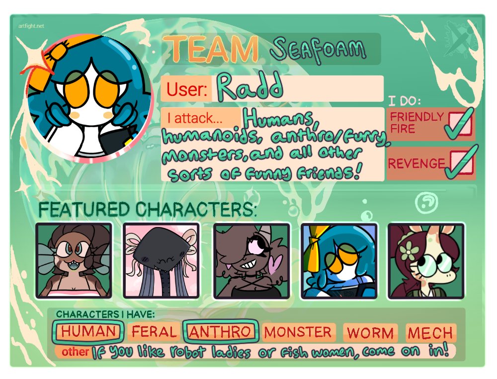 Raddaradd's tweet photo. I'm alive! I swear! And I'm once again participating in #artfight🫧 this year! I'll make this post into a thread of my attacks as they happen, so stay tuned!! #artfight2024 #teamseafoam🌊 https://t.co/WtzEDdKOY1