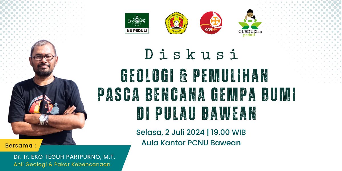 Yuk ! Yang jauh mendekat, yang dekat bikin kopi. 
Hari ini, 2 Juli 2024, kita ngobrol dengan Kang ET Paripurno (Ahli Geologi), di Aula Kantor PCNU Bawean pukul 19.00 WIB.
Acara ini kolaborasi dengan NU Peduli, UPN Veteran Yogyakarta, Karina Keuskupan Surabaya

#HumanityForAll