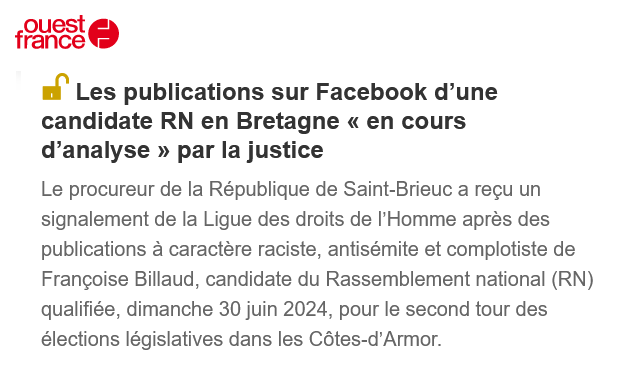 SylvainErnault's tweet photo. Le procureur de Saint-Brieuc indique que 13 publications de Françoise Billaud sont « en cours d'analyse au sein du parquet » après un signalement de la LDH.

Dimanche, la candidate RN a obtenu 26 % des voix dans la circo de Saint-Brieuc. Cc @AnttonRouget 

https://t.co/2HP7jVeBI4 https://t.co/FV0XNL8BT4
