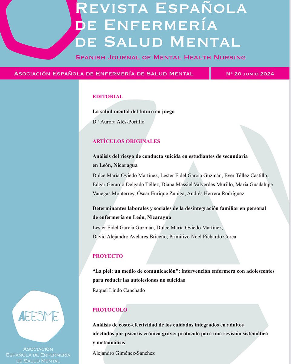 Ya disponible el No. 20 (2024) de la Revista Española de Enfermería de Salud Mental (Spanish Journal of Mental Health Nursing) | reesme.com/index.php/REES…

La revista está indizada en ROAD, DULCINEA, TROBES, DIALNET además de incluida en el Catálogo Latindex 2.0.