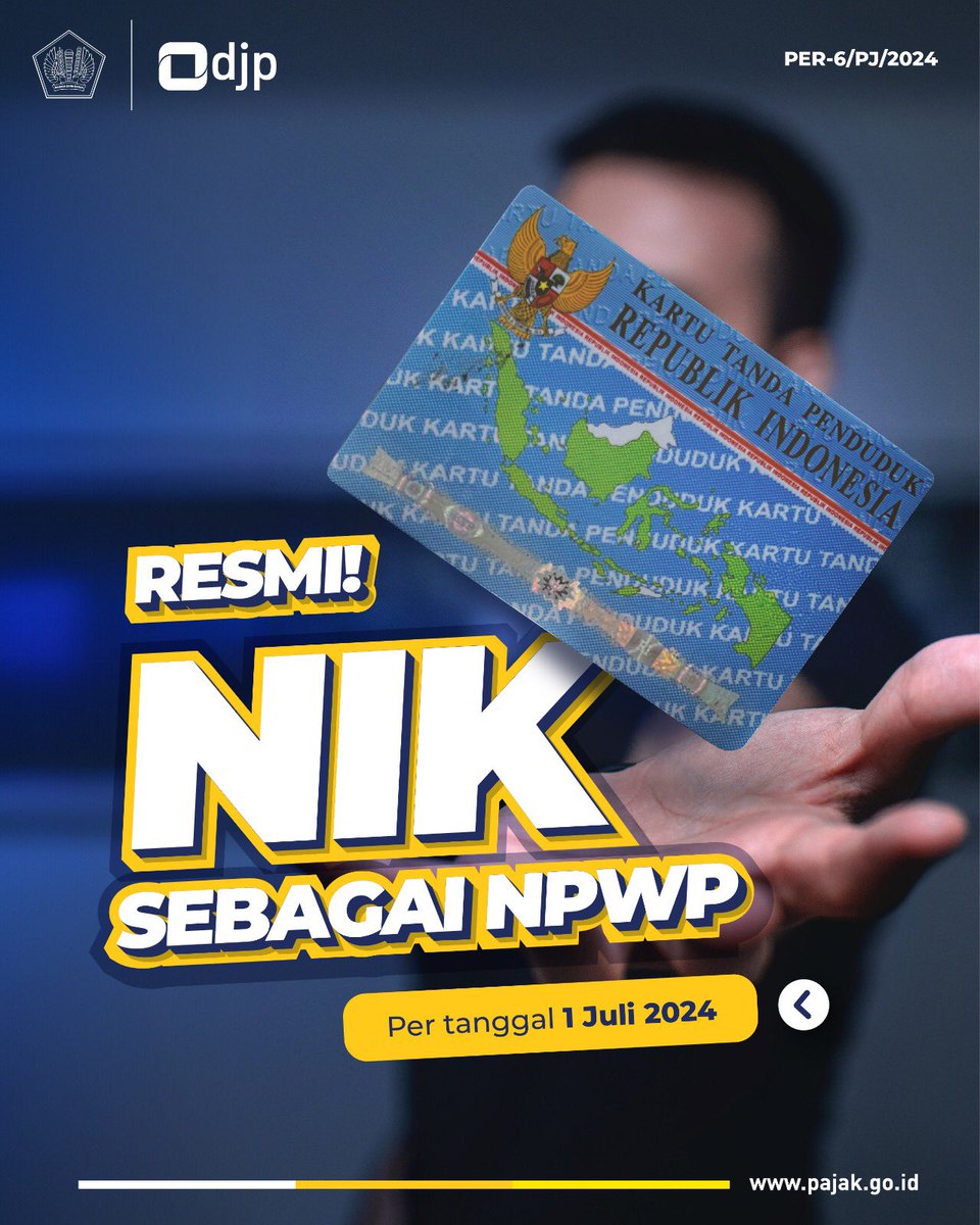 NIK Resmi sebagai NPWP!

Mulai 1 Juli 2024, NIK resmi berfungsi sebagai NPWP. NPWP 16 digit dan NITKU sekarang digunakan dalam layanan administrasi yang diselenggarakan oleh DJP.