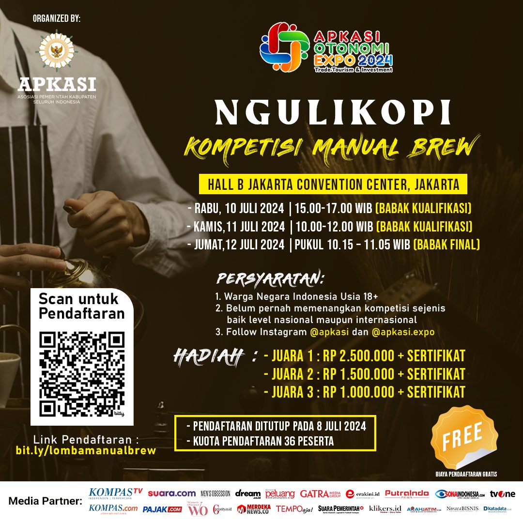 APKASI's tweet photo. Buruan... ayo ikuti Kompetisi Manual Brew di side event NguliKOPI!

Oya... selain itu masih banyak ragam kegiatan lainnya lho...
Kangen kampung halaman???
Ayo serbu pameran AOE 2024. https://t.co/I5uWPZKD1t