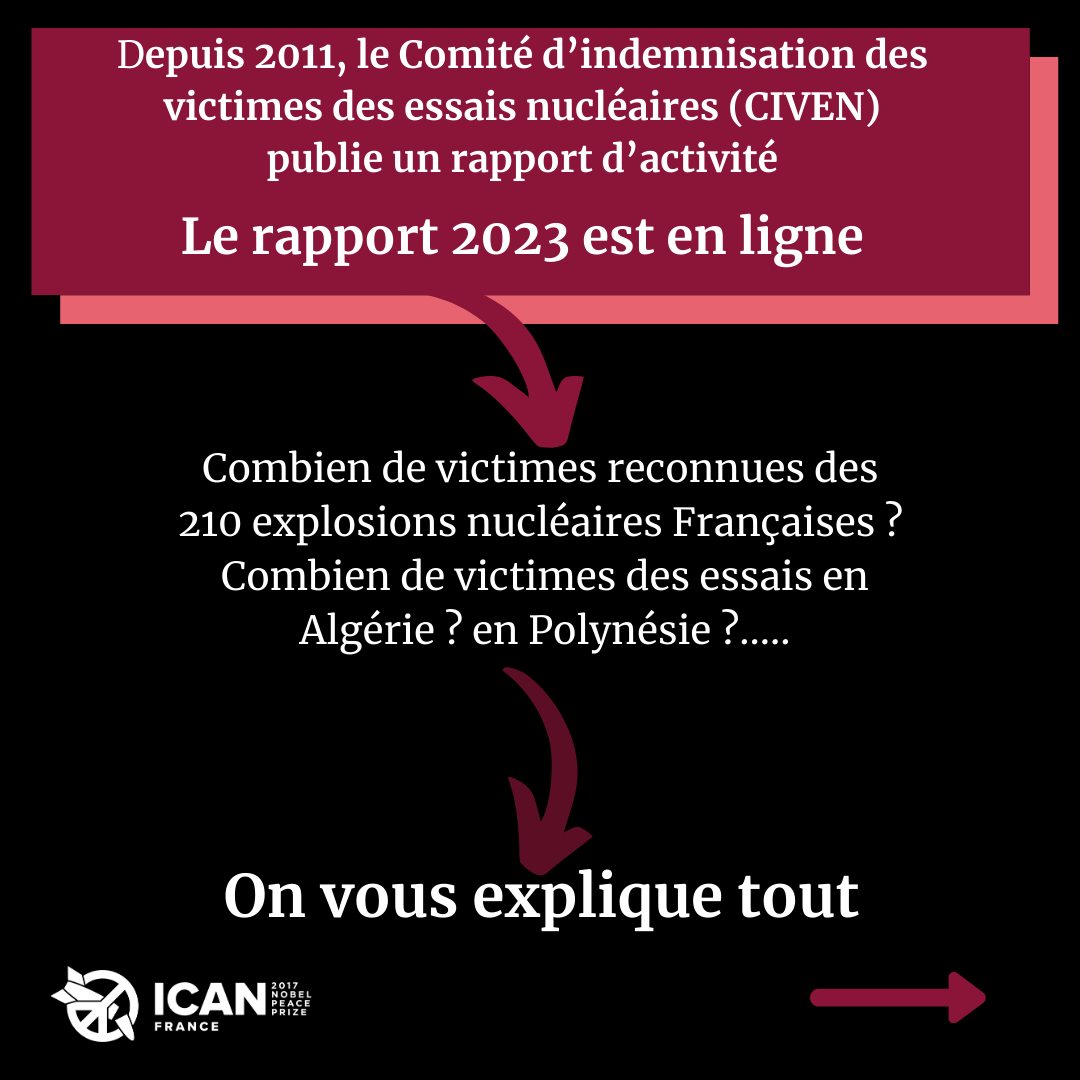 ICAN_France's tweet photo. Le Comité d’indemnisation des victimes des essais #nucléaires #CIVEN a publié son rapport d’activité 2023.
À lire notre communiqué : "Une honte, en 13 ans, seulement 1026 personnes reconnues par la France comme victimes des #essaisnucléaires !"
https://t.co/ddxtzSDU60 https://t.co/huJwfKacVJ
