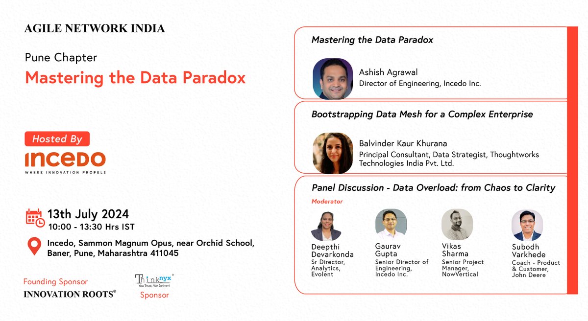 AgileNetwork_in's tweet image. Agile Network India #PuneChapter | July Event

Agenda Live!
Date: 13th July, 2024 (Saturday)
Time: 10:00am to 1:30pm
Hosted By: Incedo Inc., #Pune

Join us: agilecommunity.org/.../mastering-…... (Free to Participate)