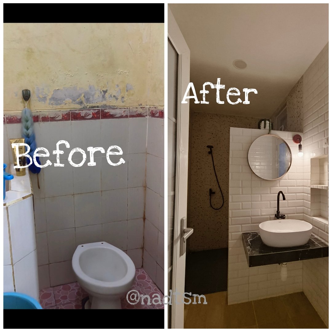 NadyaTsm's tweet photo. Ijiin, mau sharing proses renovasi kamar mandi yak. Dr kamar mandi bawaan developer, yang baknya bocor trs meski udah waterproofing, temboknya lembab sampai ke kamar tidur, keramik2 pd lepas kek puzzle n keluar cacing2 merah, menjadi kamar  mandi ala2 pinterest, alhamdu..lillaah https://t.co/bNud1mqTUy
