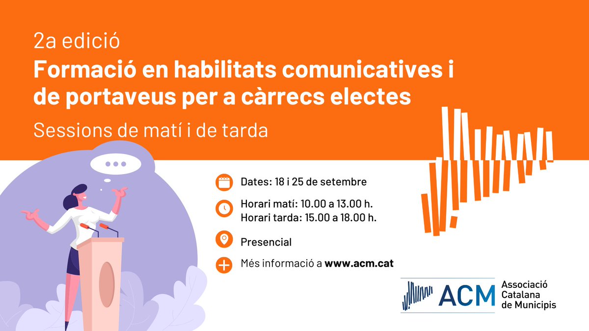 ACMunicipis's tweet photo. 📲 Ja estan obertes les inscripcions obertes a la 2a edició de la formació en habilitats comunicatives i de portaveus per a càrrecs electes. 

👉  Horari de matí o tarda en format presencial a la seu de l'ACM

📆 18 i 25 de setembre
ℹ️ Info i inscripcions: https://t.co/xLDNJquO79 https://t.co/SmWi0gTrEO