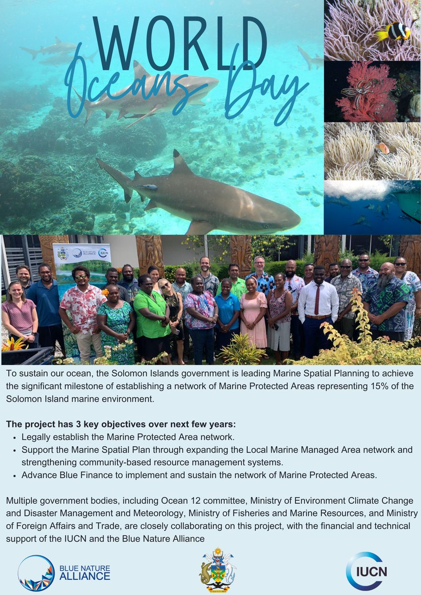The Solomon Islands government announced a new marine project supported by <a href="/IUCN/">IUCN</a> and the Blue Nature Alliance to establish 15% marine protected areas by 2024/25.  
 
#WorldOceansDay 🌊💙