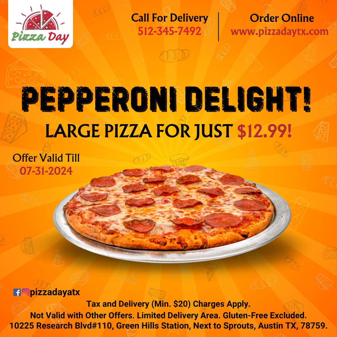 PizzaDayTx's tweet photo. Pepperoni lovers rejoice! Enjoy a large pizza at Pizza Day for just $12.99!
 
To order: 512-345-7492
https://t.co/AlE31IYFWp
 
#pizzadaytx #austintx #indianpizza #pizza #pizzeria #pepperoni #pizzatime #usa #pepperonilovers #austindining #restaurant #pepperonipizza #texas #atxfood https://t.co/ZJ3Ur2SZtp