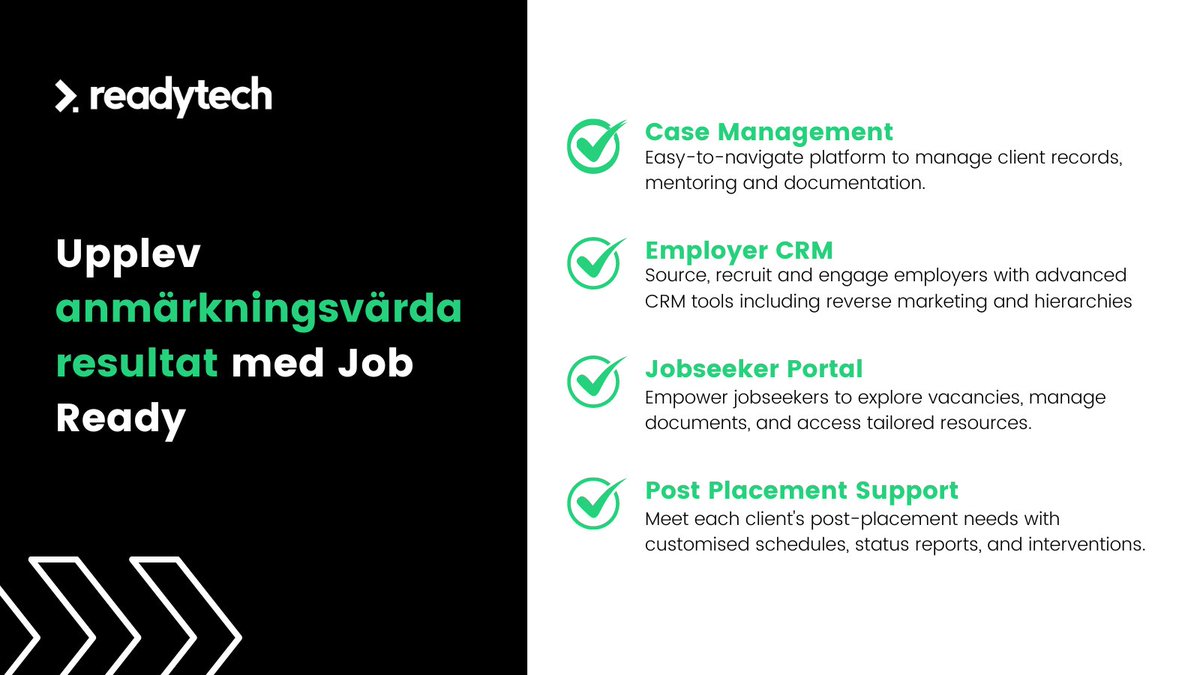 ReadyTechWP's tweet photo. In the employability sector in Sweden and considering a new tech partner? 🇸🇪

Here are some key features of Job Ready: 
📂 Case Management
🔍 Employer CRM
🌐 Jobseeker Portal
🛠️ Post Placement Support

Upplev anmärkningsvärda resultat med Job Ready https://t.co/Txm3hyNocl https://t.co/IOwI8yuakh