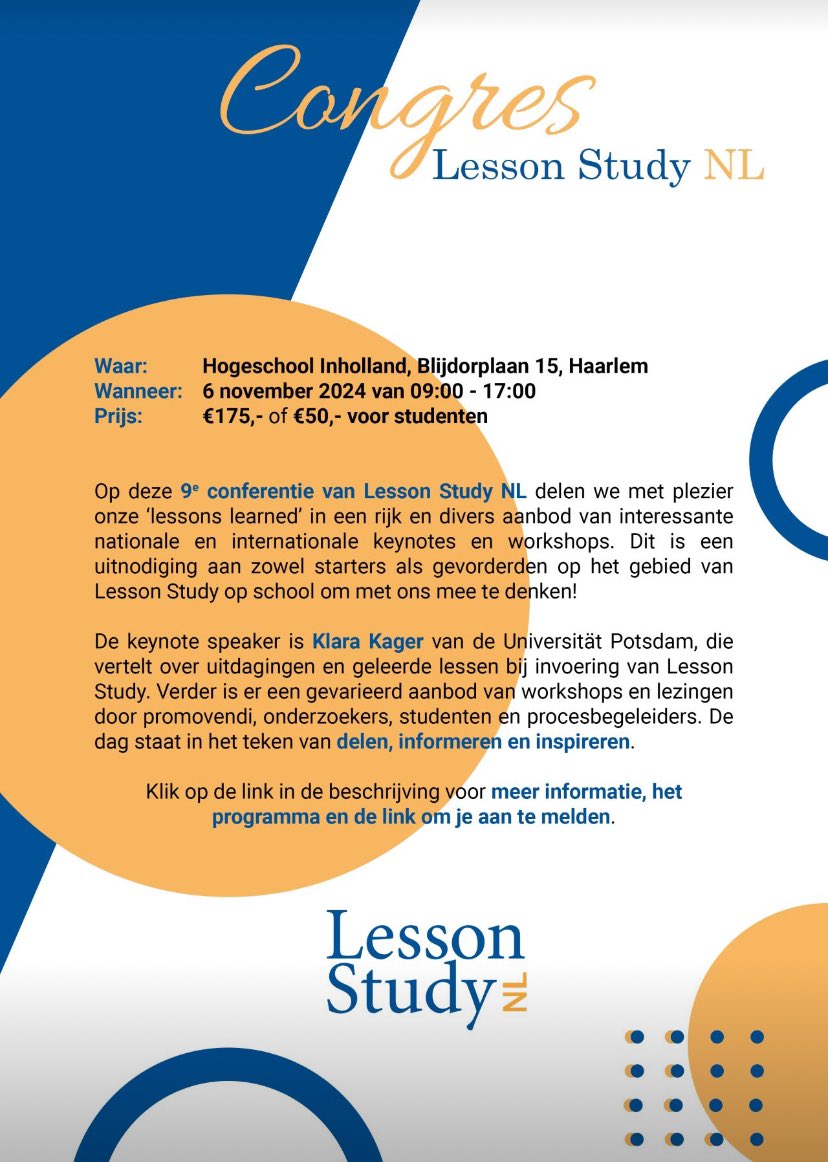 LessonStudyNL's tweet image. Lesson Study op school! Thema van onze alweer 9e landelijke Lesson Study conferentie op 6 november! Met live onderzoeksles en gratis het boek Lesson Study, praktische handreiking voor teams. Meer informatie lessonstudynl.online/lesson-study-n…
@MMVreeburg @rkneyber_EN