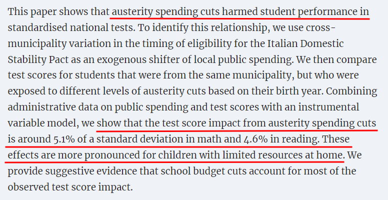 Onderzoek: als lokale overheden een besparingsbeleid in publieke voorzieningen doorvoeren, zakken testscores op wiskunde en lezen er ~5%. De begroting wordt mooie toets waar N-VA écht van wakker ligt: dalende testscores of Diependaeles besparingsfetish. academic.oup.com/ej/article/134…