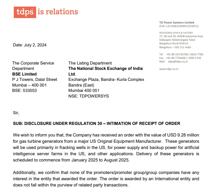 ItsAshishKSingh's tweet image. TD Power Systems Ltd
Company has announced a significant order worth USD 9.28 million for gas turbine generators from a major US OEM, to be used in fracking wells and AI server farms, with deliveries scheduled from Jan 2025 to Aug 2025.

#TDPowerSystems