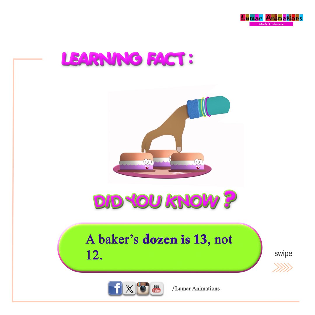 lumarlearning's tweet photo. Fun learning fact: Did you know a baker's dozen is 13, not 12?🤔

Click through the thread👇

#learningfact #lumarlearning #elearning #ECD #parenthood #children #parentingtips #parentsbelike #ABCToon #eduquotes #education #kidsbooks #homeschooling #studylife https://t.co/d4fZribx26