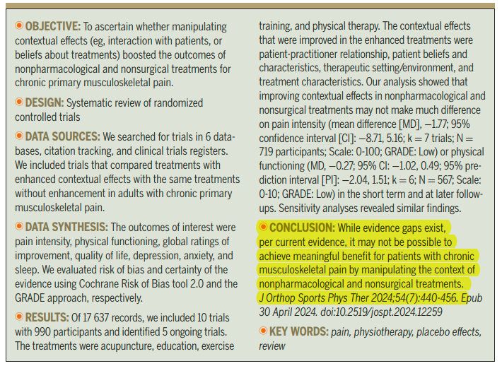 Physio Meets Science (@physiomescience) on Twitter photo Just publshed in <a href="/JOSPT/">JOSPT Community</a> 🔥
Boosting Treatment Outcomes via the Patient-Practitioner Relationship, Treatment Beliefs, or Therapeutic Setting.
<a href="/tobi_saueressig/">Tobias Saueressig</a> <a href="/PatrickOwenPhD/">A/Prof Patrick J Owen</a> <a href="/belavyprof/">Daniel Belavy</a> and colleagues 👏
jospt.org/doi/10.2519/jo… Just publshed in <a href="/JOSPT/">JOSPT Community</a> 🔥
Boosting Treatment Outcomes via the Patient-Practitioner Relationship, Treatment Beliefs, or Therapeutic Setting.
<a href="/tobi_saueressig/">Tobias Saueressig</a> <a href="/PatrickOwenPhD/">A/Prof Patrick J Owen</a> <a href="/belavyprof/">Daniel Belavy</a> and colleagues 👏
jospt.org/doi/10.2519/jo…