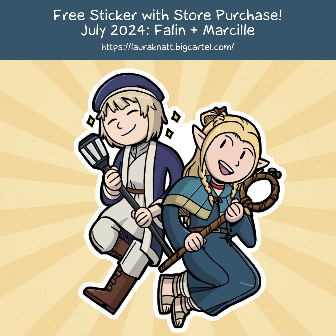 Freebie sticker for July 2024 for purchases from my online store is Falin + Marcille from Delicious in Dungeon! I have only seen a few episodes so far but I really like Marcille.